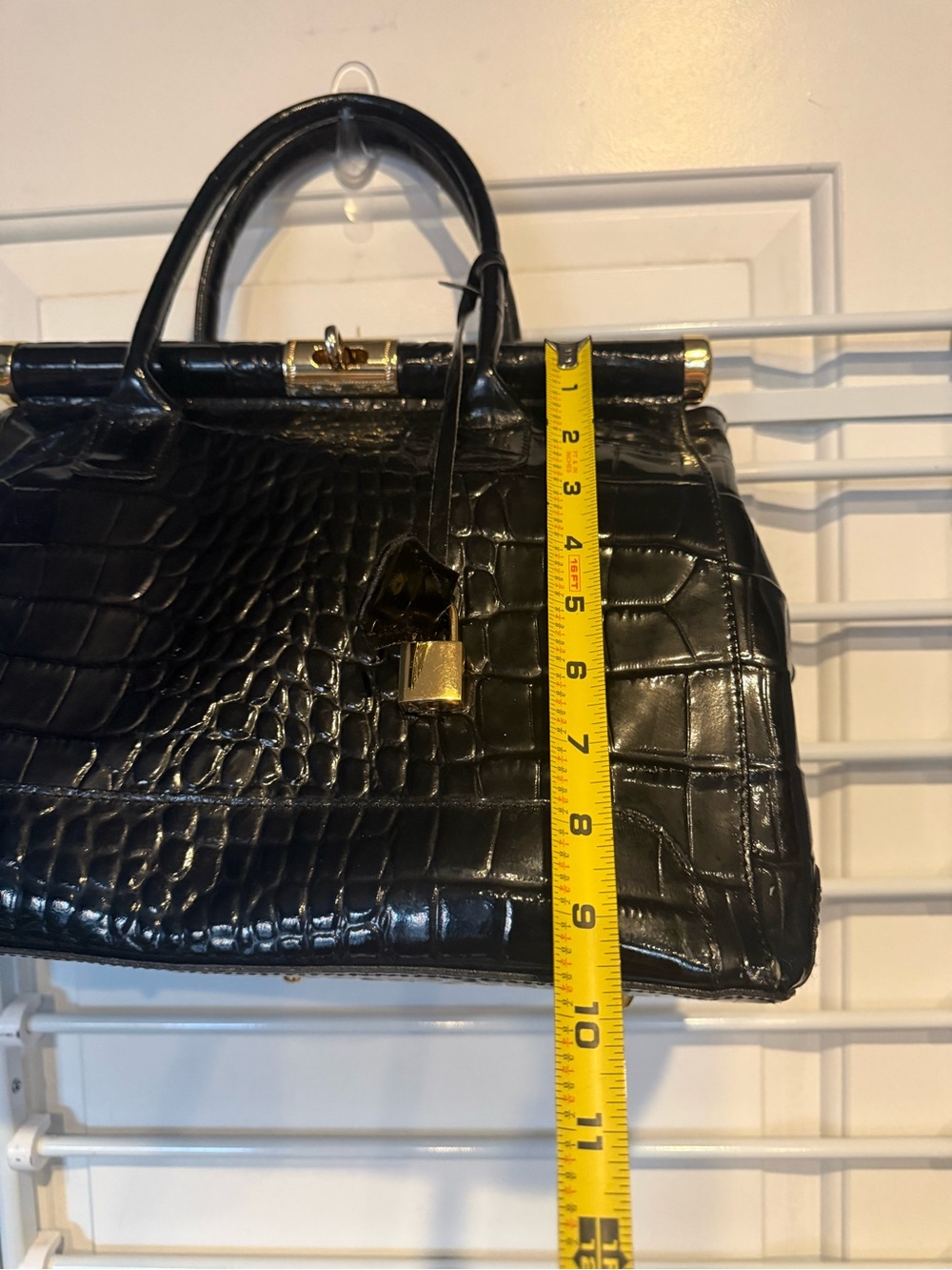 Black Croc-Embossed Top-Handle Satchel with Gold Hardware genuine leather - Picture 8 of 9